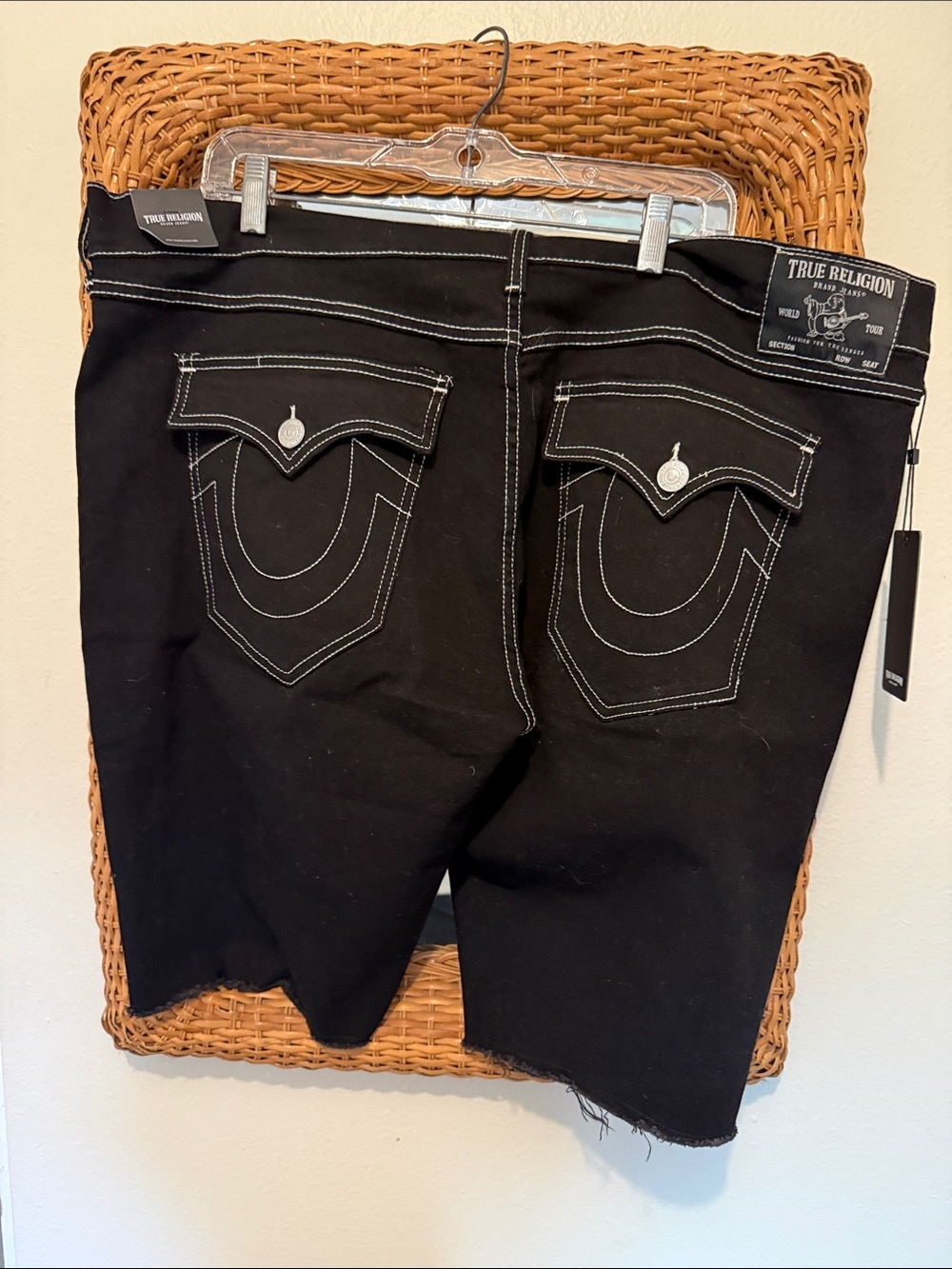 True Religion Black Denim Cutoff Shorts with White Stitching - Picture 4 of 6
